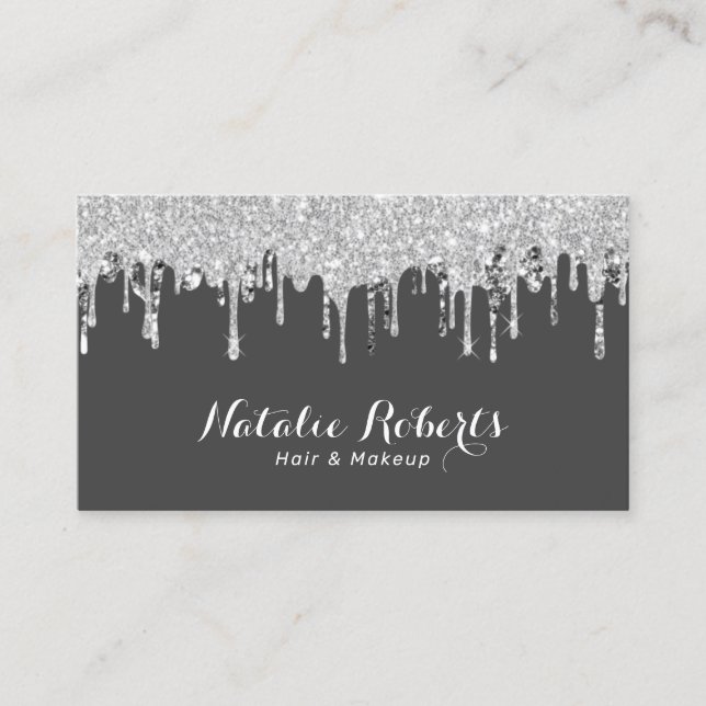 Hair Stylist & Makeup Artist Silver Glitter Drips Business Card (Front)