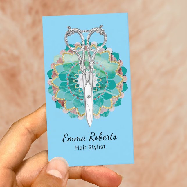 Hair Stylist Mandala Flower Scissor Baby Blue Business Card (Creator Uploaded)