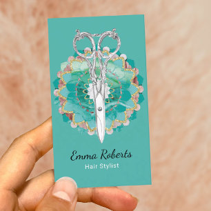 Hair Stylist Mandala Flower Scissor Turquoise Business Card
