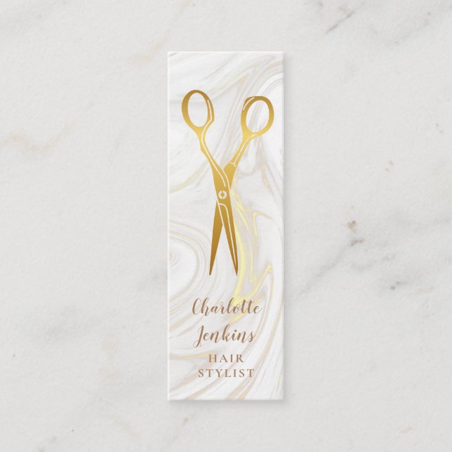 Hair Stylist Marble Swirls Gold Scissors Mini Business Card (Front)