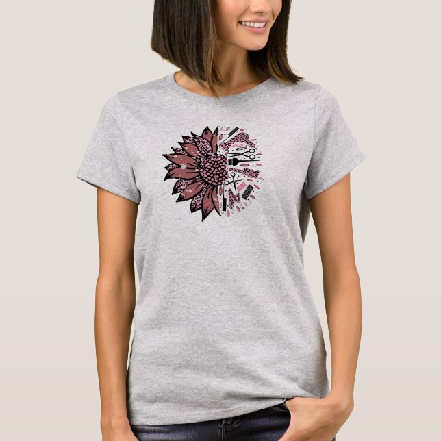 Hair Stylist Mauve and Pink Leopard Sunflower Tool T-Shirt (Front)