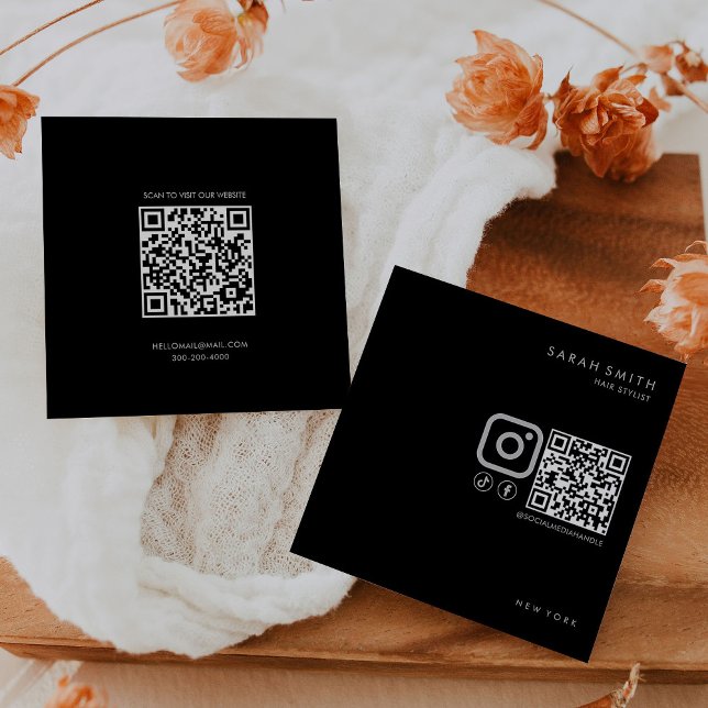 Hair Stylist Minimalist Black Grey QR Code  Square Business Card (Creator Uploaded)