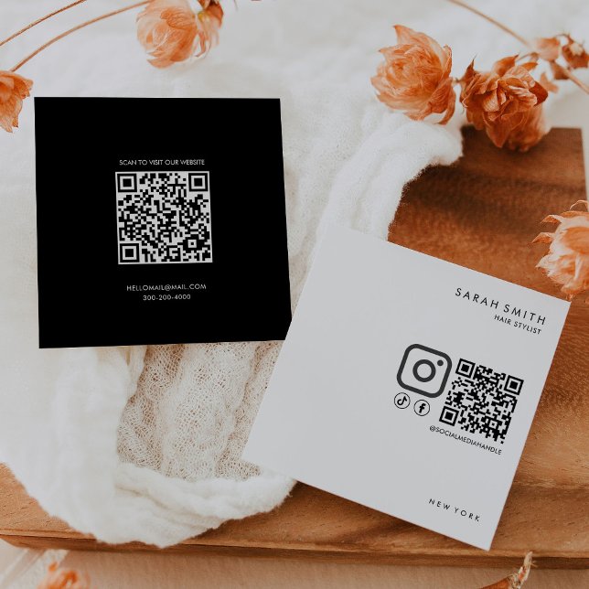 Hair Stylist Minimalist Black White QR Code  Square Business Card (Creator Uploaded)