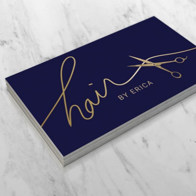 Hair Stylist Minimalist Navy & Gold Typography  Business Card (Creator Uploaded)