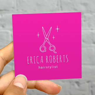 Hair Stylist Minimalist Scissor Salon Hot Pink Square Business Card