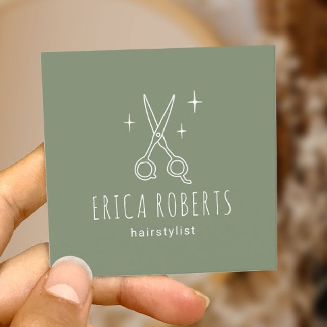 Hair Stylist Minimalist Scissor Salon Sage Green Square Business Card (Creator Uploaded)