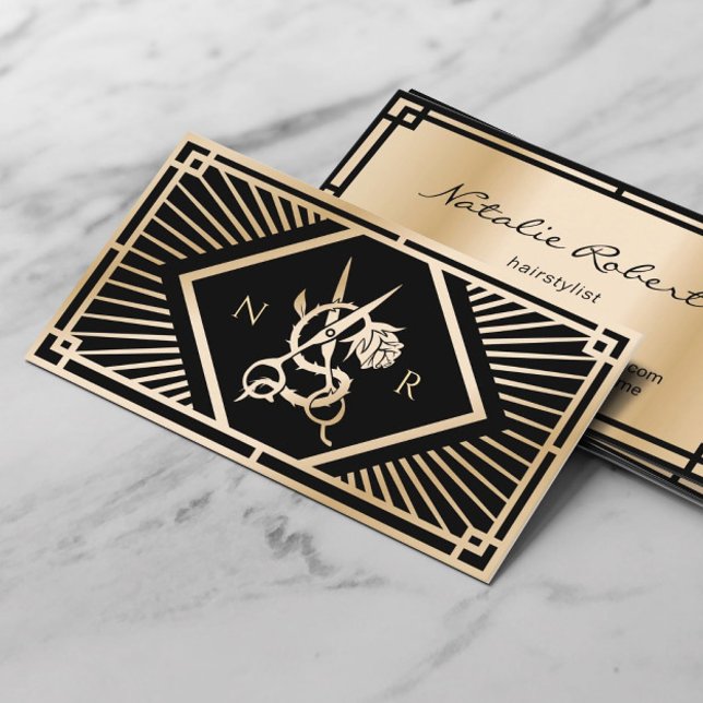 Hair Stylist Modern Art Deco Black & Gold Salon Business Card (Creator Uploaded)