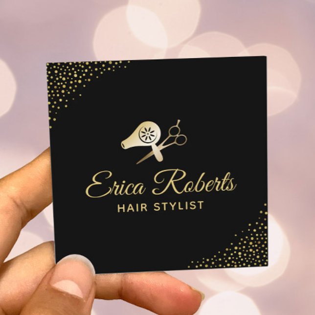 Hair Stylist Modern Black & Gold Beauty Salon Square Business Card (Creator Uploaded)