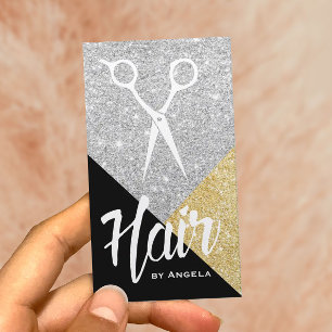 Hair Stylist Modern Black Gold & Silver Glitter Business Card