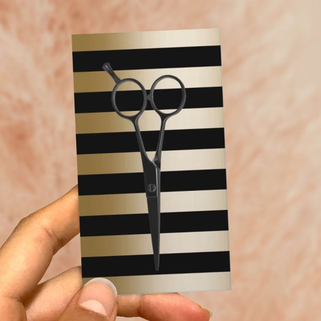 Hair Stylist Modern Black & Gold Stripes Elegant Business Card (Creator Uploaded)