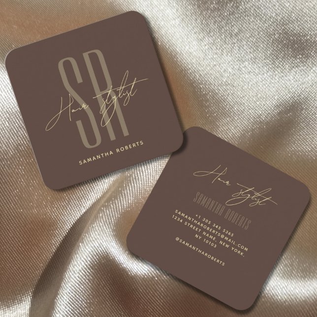 Hair stylist modern brown monogram initials square business card (Creator Uploaded)