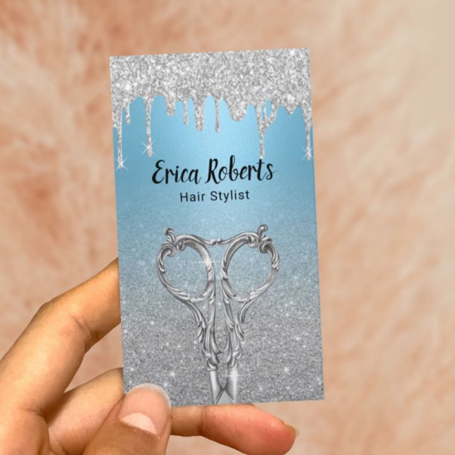 Hair Stylist Modern Drips Silver Glitter Baby Blue Business Card (Creator Uploaded)