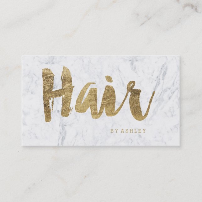 Hair stylist modern faux gold typography marble business card (Front)