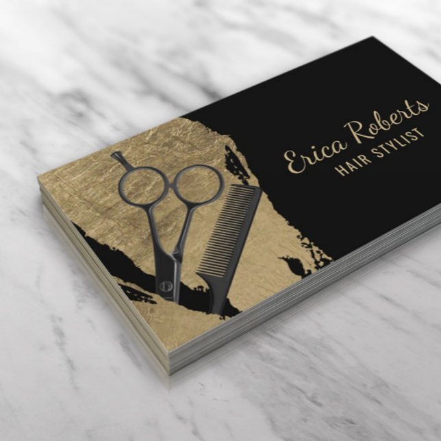 Hair Stylist Modern Gold Brush Stroke Salon Business Card (Creator Uploaded)