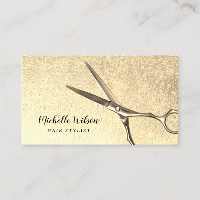 Hair Stylist Modern Gold Scissor Beauty Salon Business Card (Front)