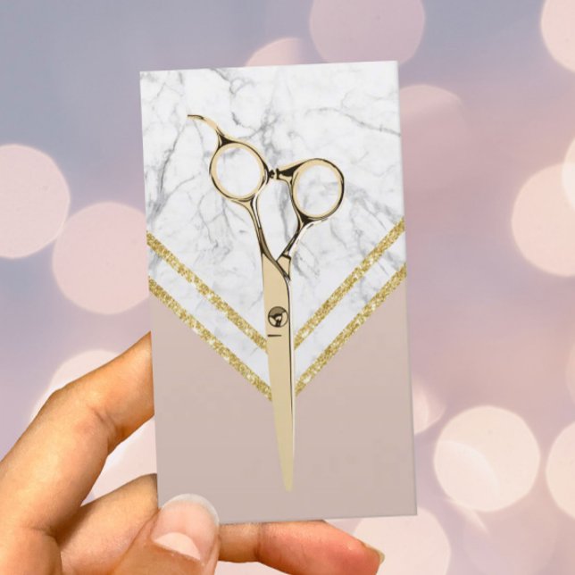 Hair Stylist Modern Gold Scissor Marble Blush Pink Business Card (Creator Uploaded)