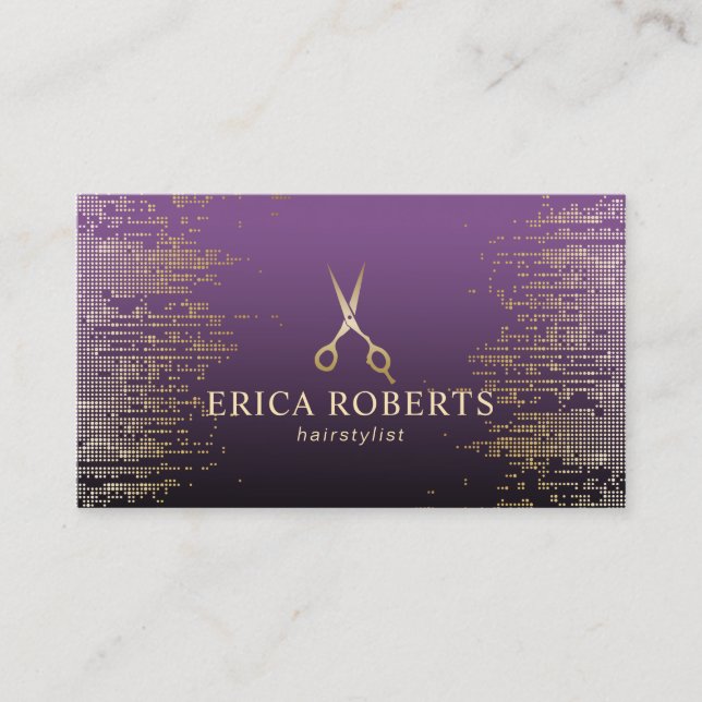 Hair Stylist Modern Gold Sequins Purple Salon Business Card (Front)