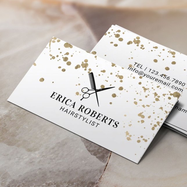 Hair Stylist Modern Gold Splatters Hairdresser Business Card (Creator Uploaded)