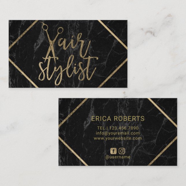 Hair Stylist Modern Gold Typography Black Marble Business Card (Front/Back)
