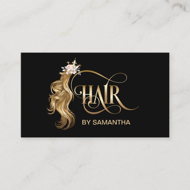 Hair stylist modern gold typography hair extension business card (Front)