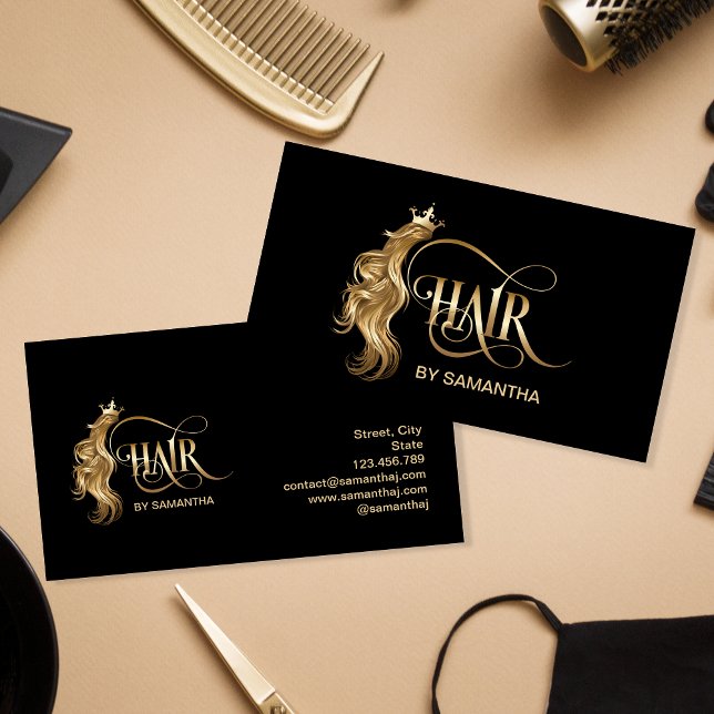 Hair stylist modern gold typography hair extension business card (Creator Uploaded)