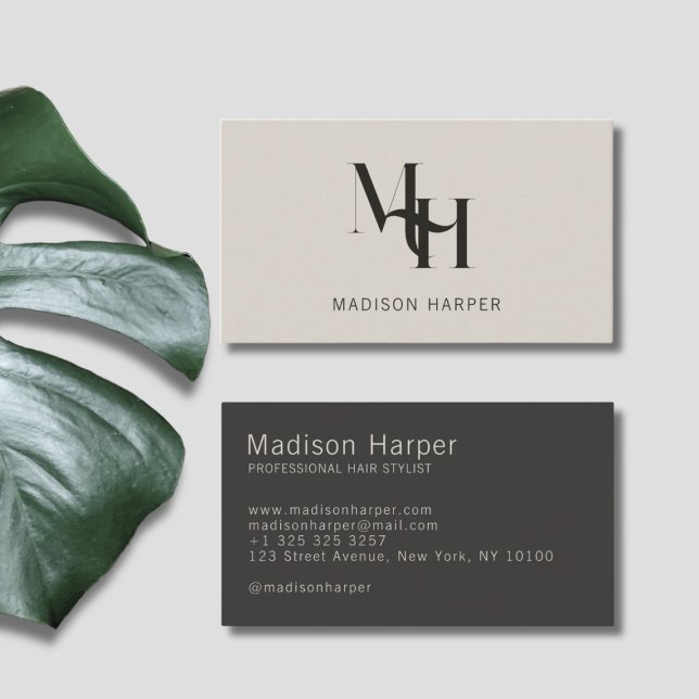 Hair stylist modern monogram initials beige gray business card (Creator Uploaded)