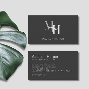 Hair stylist modern monogram initials charcoal business card