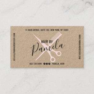 Hair stylist modern name trendy pink scissor kraft business card