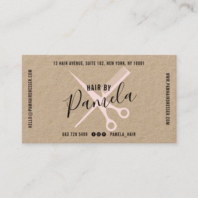 Hair stylist modern name trendy pink scissor kraft business card (Front)