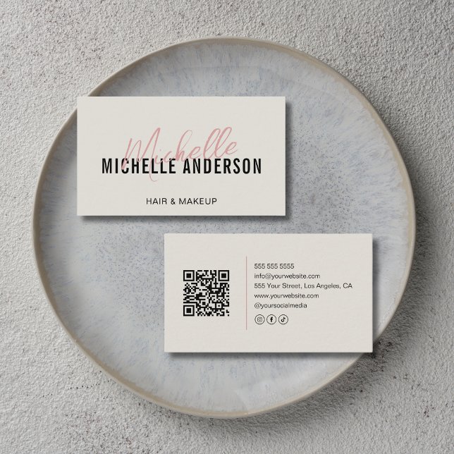 Hair Stylist Modern Neutral Beige QR Code Business Card (Hair Stylist Modern Neutral Beige QR Code Business Card)