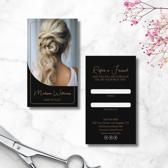 Hair Stylist Modern Photo Black and Gold Referral Card (Hair Stylist Modern Photo Black and Gold Referral Card)