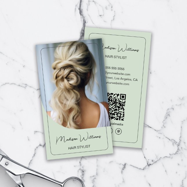 Hair Stylist Modern Photo Sage Green Business Card (Hair Stylist Modern Photo Sage Green Business Card)