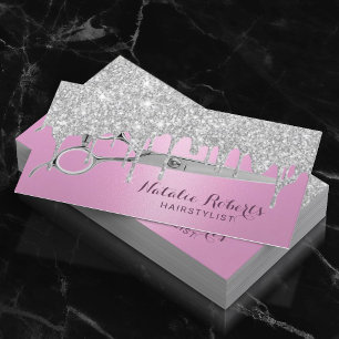 Hair Stylist Modern Pink Silver Drips Beauty Salon Business Card