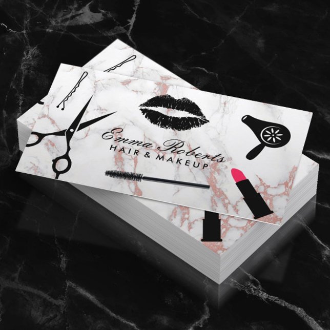 Hair Stylist Modern Rose Gold Marble Beauty Salon Business Card (Creator Uploaded)