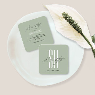 Hair stylist modern sage green monogram initials square business card
