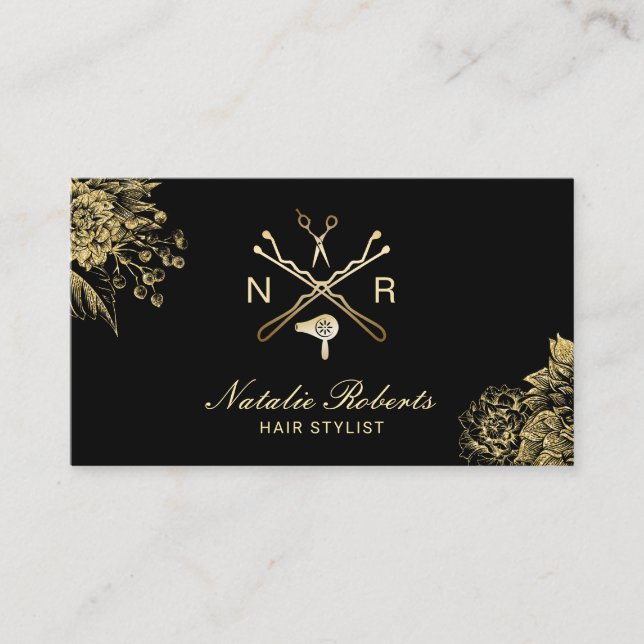 Hair Stylist Modern Salon Logo Black & Gold Floral Business Card (Front)