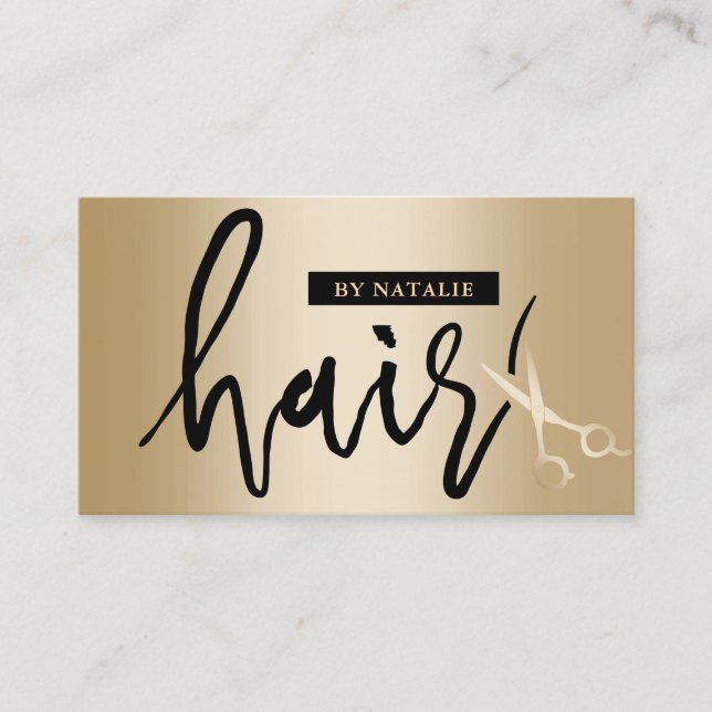 Hair Stylist Modern Script Gold Scissor Salon Business Card (Front)