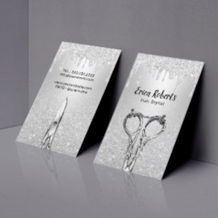 Hair Stylist Modern Silver Glitter Drips Salon Business Card