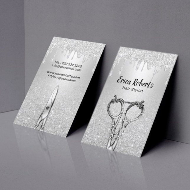 Hair Stylist Modern Silver Glitter Drips Salon Business Card (Creator Uploaded)