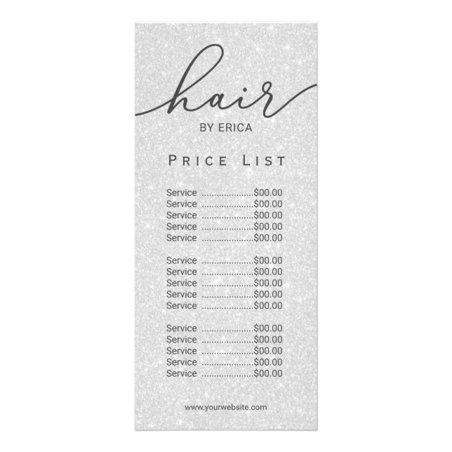 Hair Stylist Modern Silver Glitter Price List Rack Card (Front)