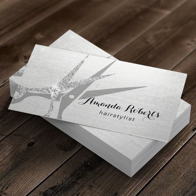 Hair Stylist Modern Silver Glitter Scissor Salon Business Card (Creator Uploaded)
