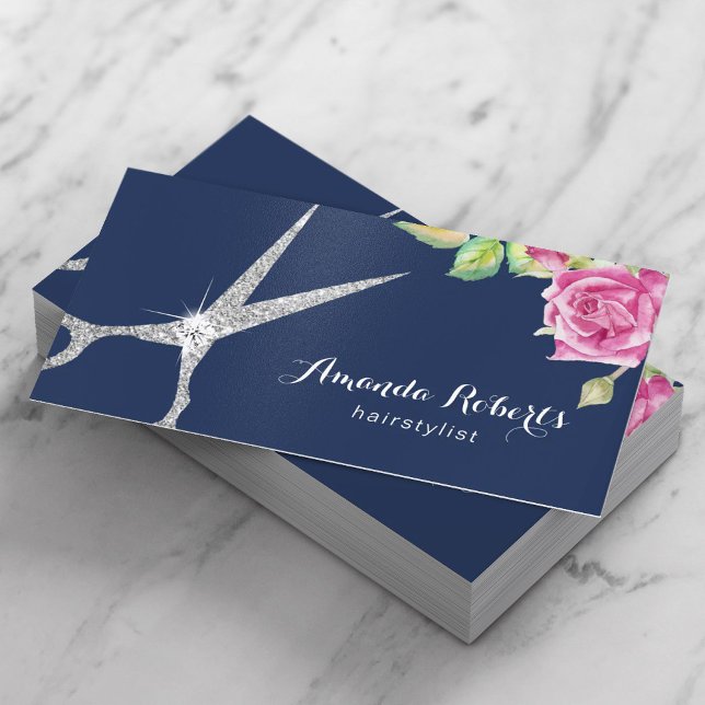 Hair Stylist Modern Silver Scissor Floral Navy Business Card (Creator Uploaded)
