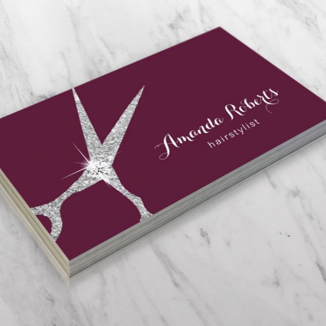 Hair Stylist Modern Silver Scissor Salon Burgundy Business Card (Creator Uploaded)