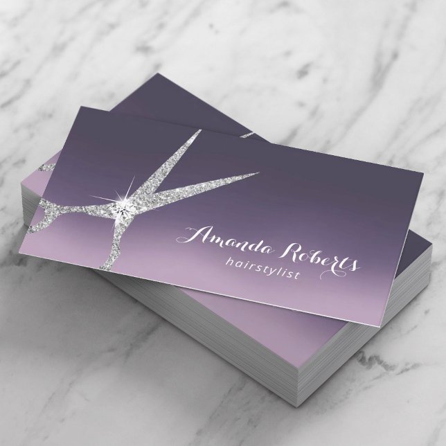 Hair Stylist Modern Silver Scissor Salon Purple Business Card (Creator Uploaded)