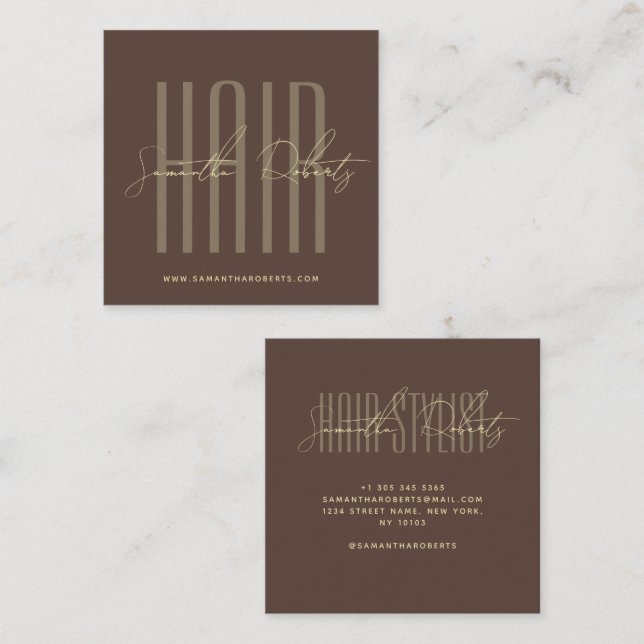 Hair stylist modern typography script brown square business card (Front/Back)