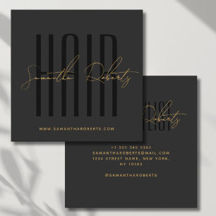 Hair stylist modern typography script grey black square business card