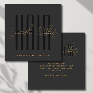 Hair stylist modern typography script grey black square business card