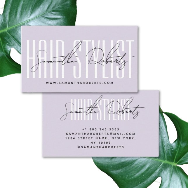 Hair stylist modern typography script lavender business card (Creator Uploaded)