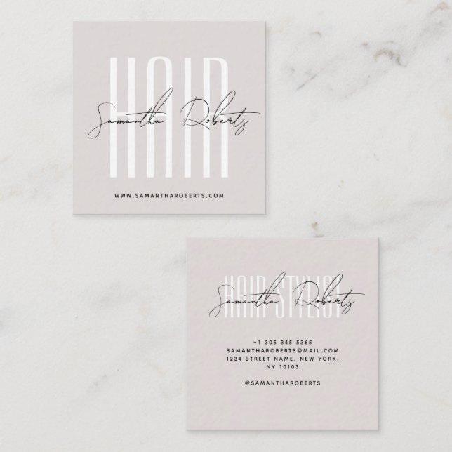 Hair stylist modern typography script pearl pink square business card (Front/Back)