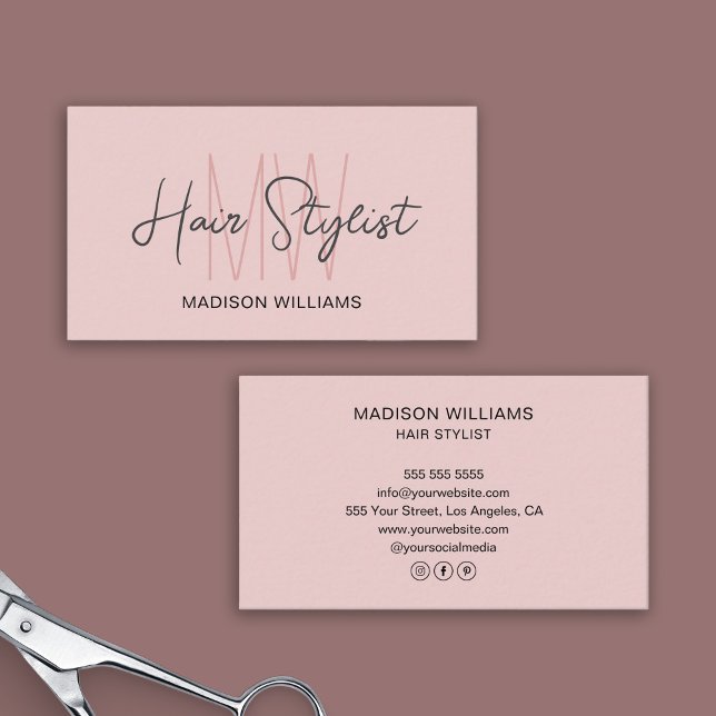Hair Stylist Monogram Logo Blush Pink Business Card (Hair Stylist Monogram Logo Blush Pink Business Card)